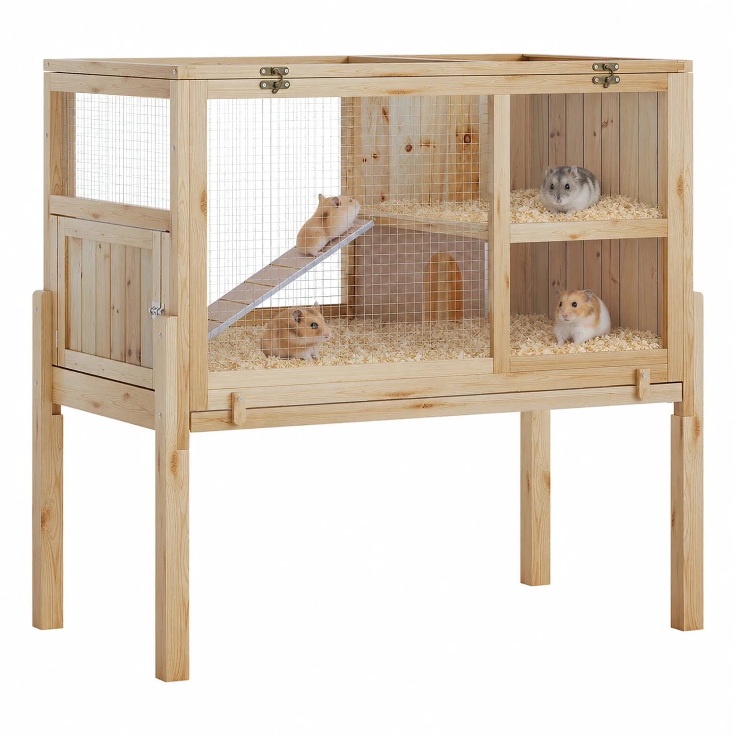 HiMISS Guinea Pig Cages Indoor, Wooden Guinea Pig Cages with Stand Rabbit Cage Hutch with Ramp and Hideout, Small Animals Cage Habitat with Not Leakage Pull Out Tray