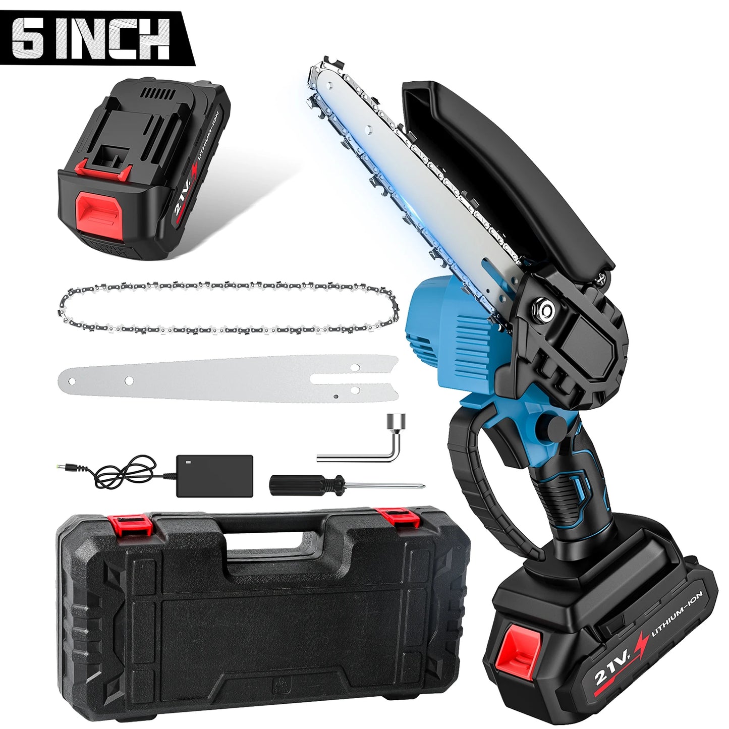 21V 6Inch Cordless Electric Chainsaw Powerful Electric Small Portable Chainsaw with Automatic Oiler Pruning Saw Woodworking Tool