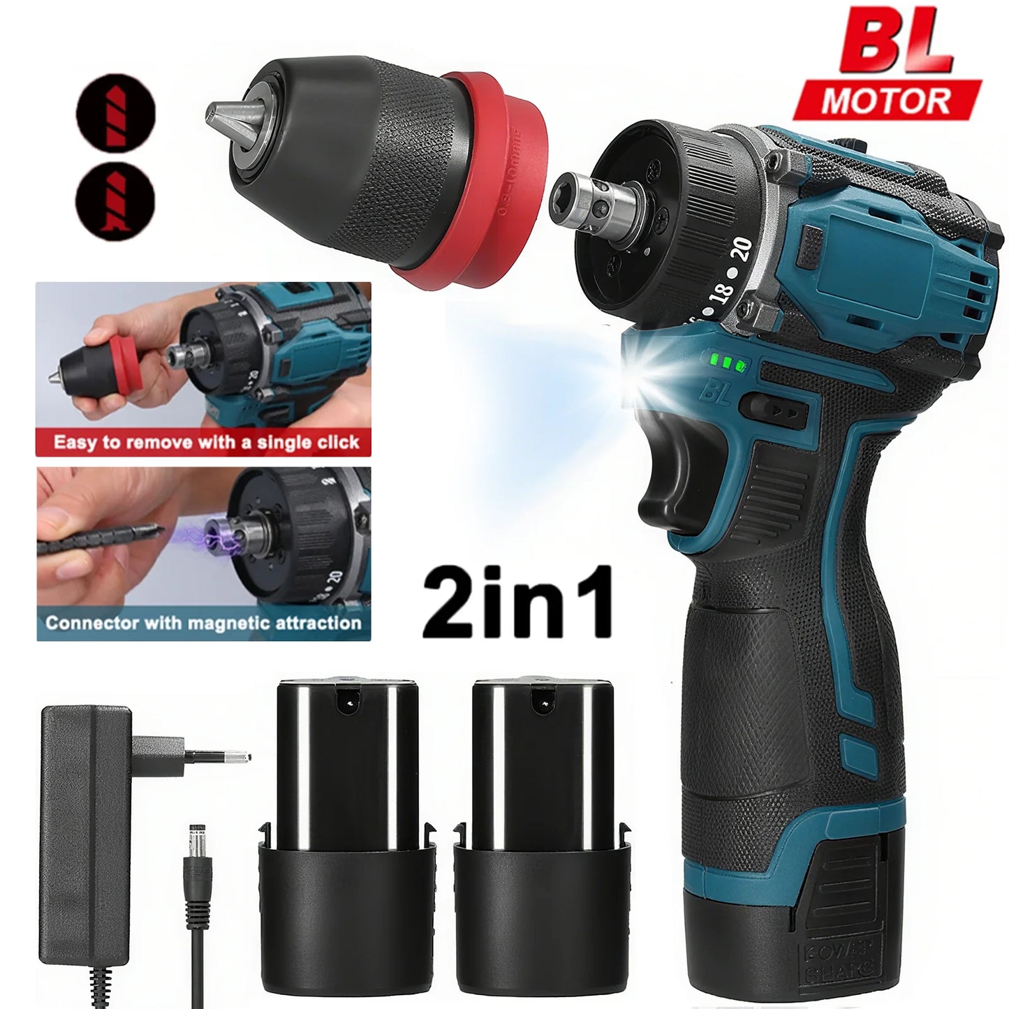 2in1 Brushless Electric Screwdriver Drill 55\45Nm Torque Cordless Speed Regulation Handheld Lithium Driver Dril with 2 Battery