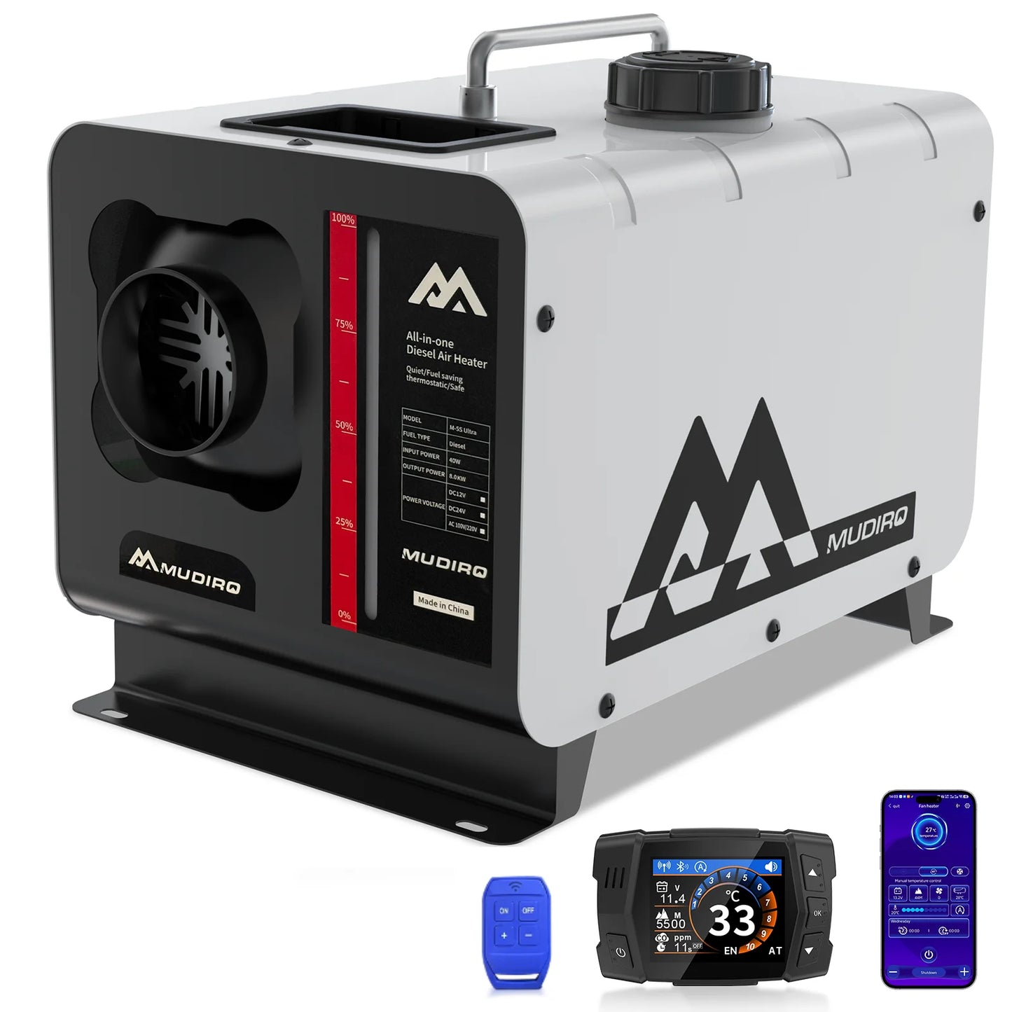 MUDIRO M-5S EVO-H Diesel Air Heater, CO Protection,Custom Alarm & Auto Shutoff, Whisper-Quiet, ±2°F Precision Temp, 5500m Auto-Adaptive Altitude,Smart LCD Bluetooth & Remote, Auto Start/Stop, for Car/Truck/RV/Boat/Tent/Bus/