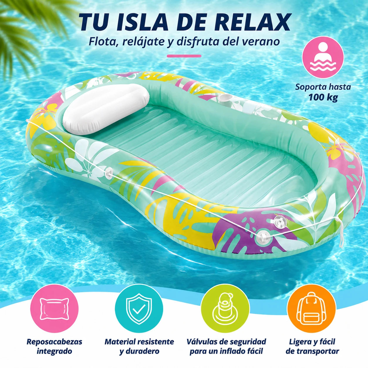 Inflatable Lounge Mat'Oasis Tropical' Pink and Green 206X122Cm High Quality Pvc Supports 100kg Multifunctional Reclining Design for Pool, Beach, Lake and Summer Leisure Activities