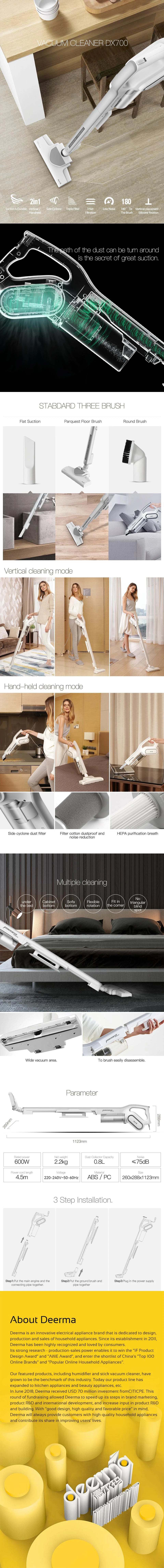 Deerma DX700 Vacuum Cleaner 180° Rotating 3 Brush 600W 15000Pa Strong Suction for Home Pet Hair Car Stick 2-in-1 Vacuum Cleaner