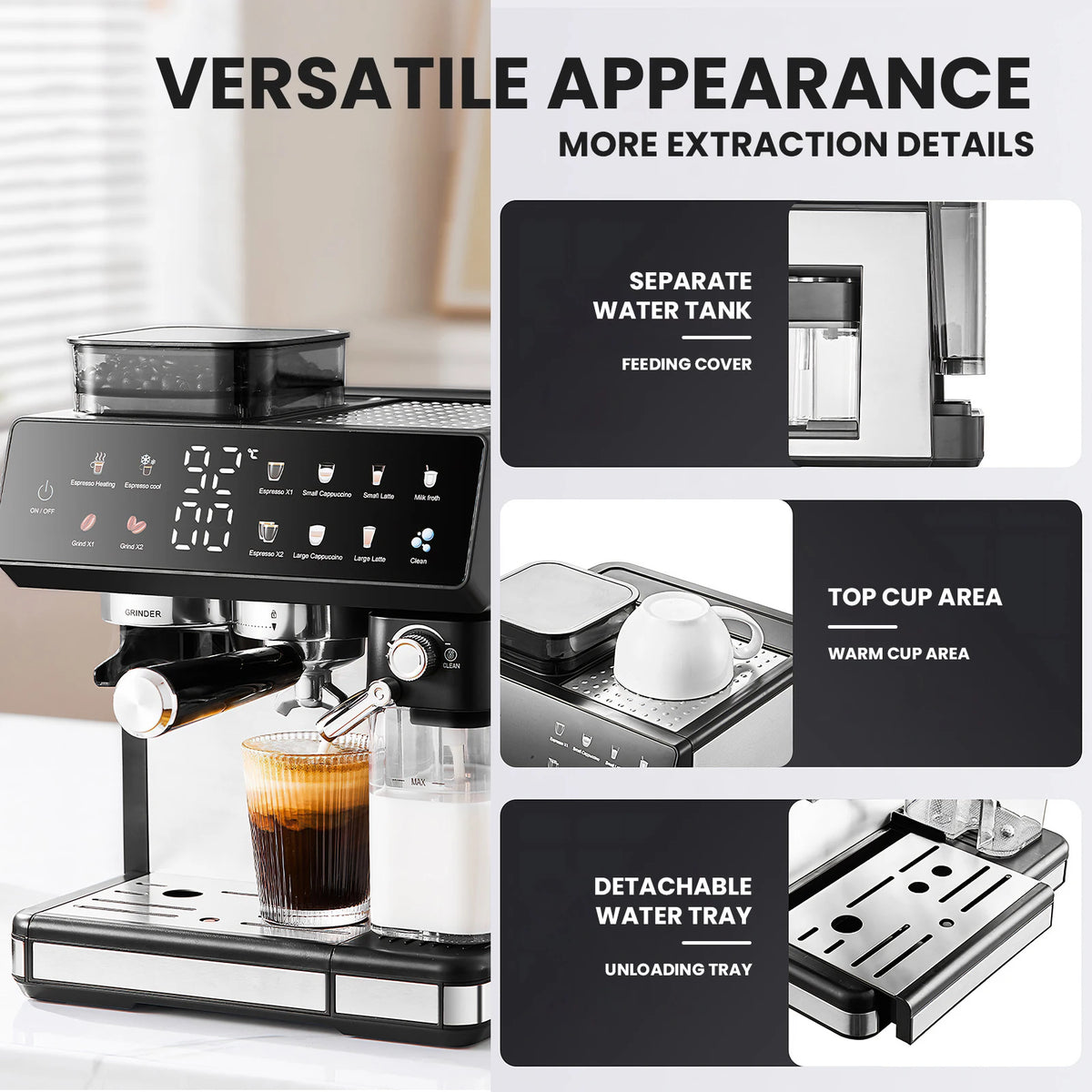 1350W coffee fully automatic, with dual boiler and milk frother, 2.7L water tank, touch screen, Bean and powder coffee