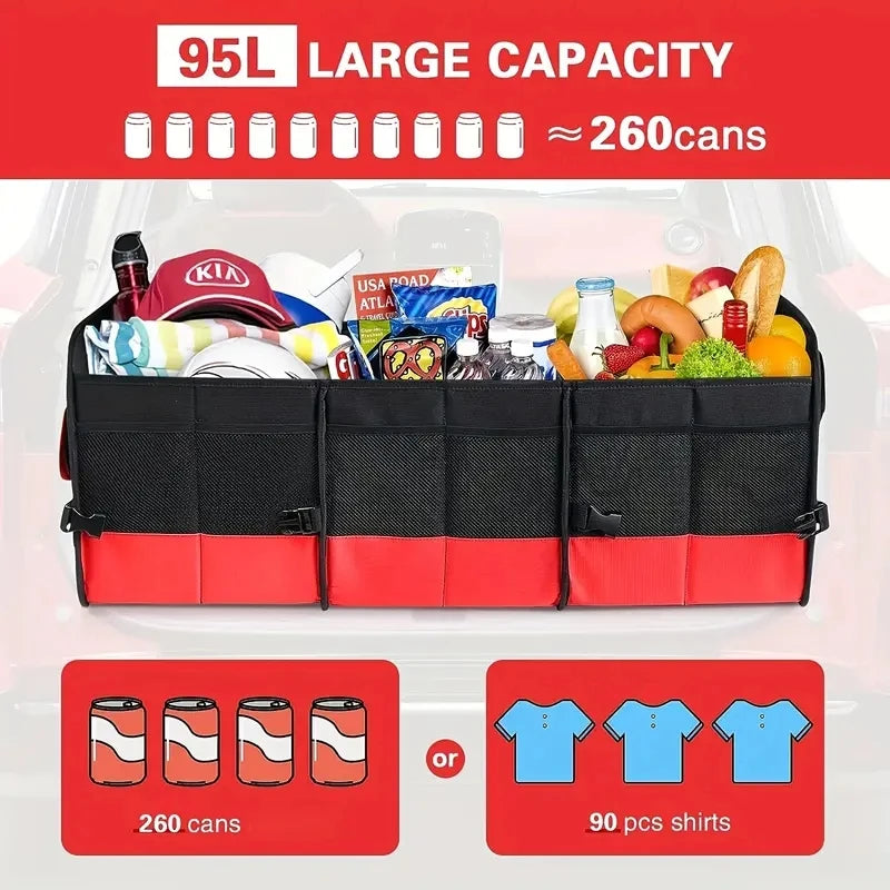 Universal Large Trunk Organizer For Car, Collapsible Multi Compartment Trunk Storage Bag With 2 Retractable Straps