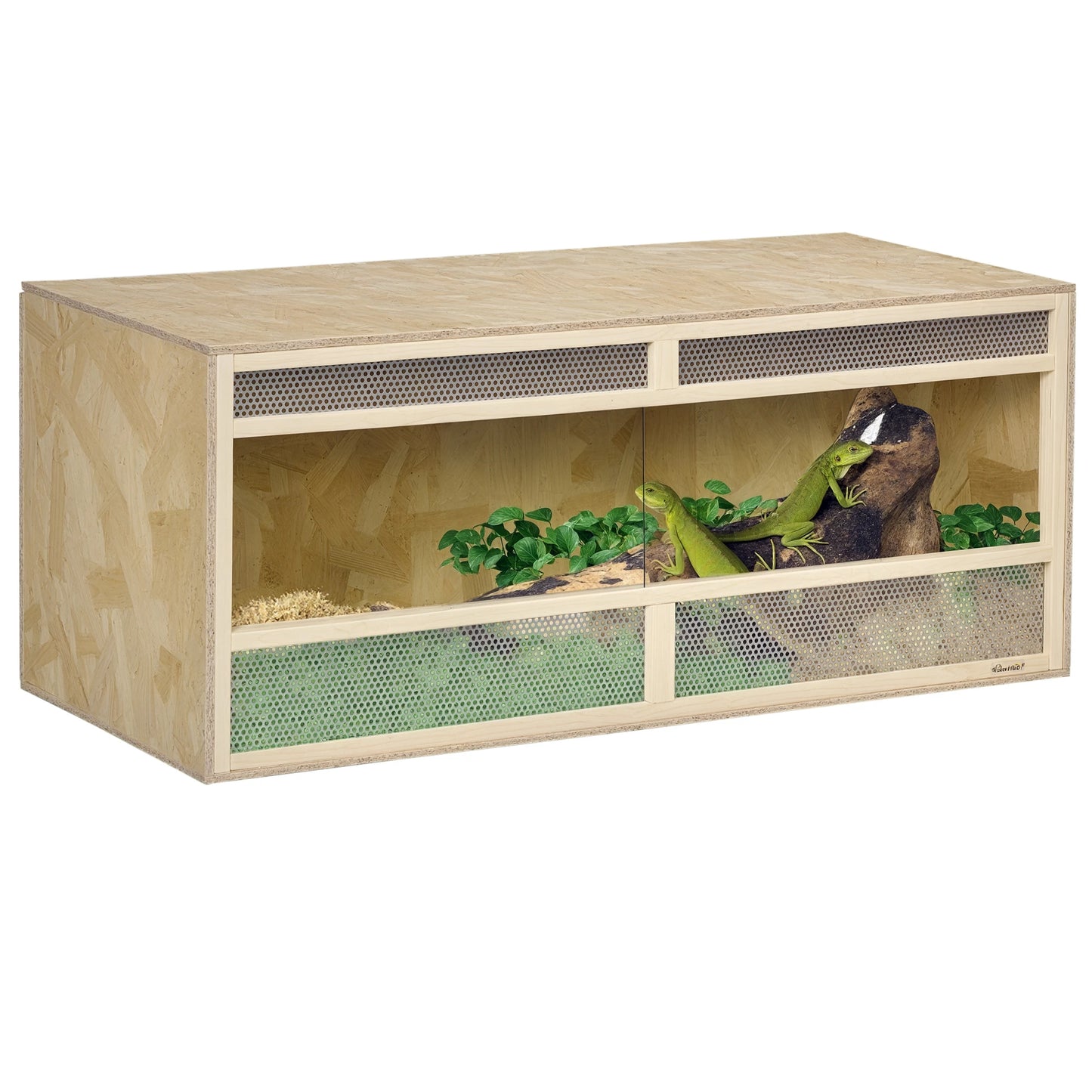 OSB Wooden Reptile Terrarium with Sliding Glass Doors and Ventilated Mesh Panels, Spacious Indoor Habitat with Clear View, Breathable Enclosure for Chameleons, Lizards, Snakes and Other Amphibians, Ideal for Climbing, Hiding