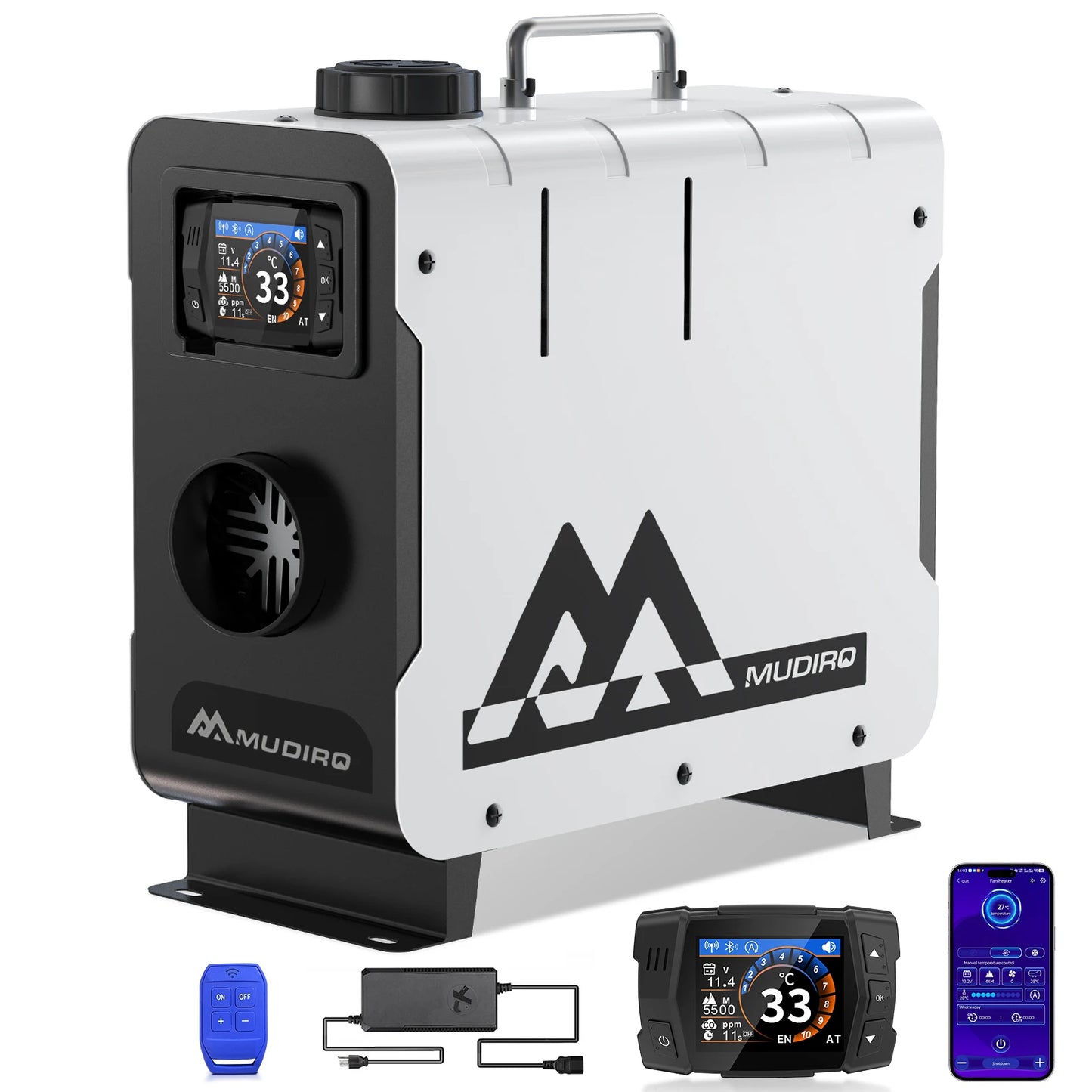 MUDIRO M-5S EVO-H Diesel Air Heater, CO Protection,Custom Alarm & Auto Shutoff, Whisper-Quiet, ±2°F Precision Temp, 5500m Auto-Adaptive Altitude,Smart LCD Bluetooth & Remote, Auto Start/Stop, for Car/Truck/RV/Boat/Tent/Bus/