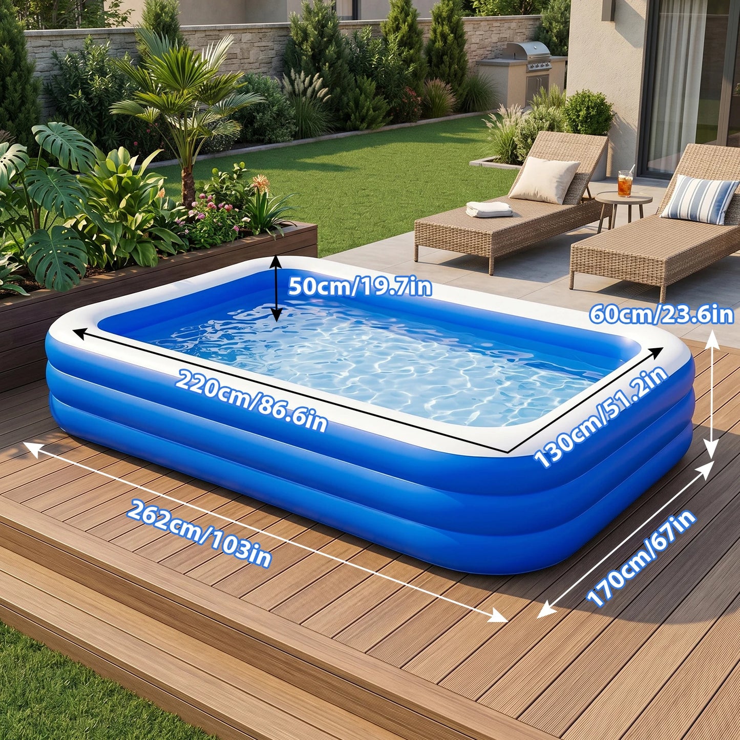 3M/2.6M Family Inflatable Rectangular Pool for Family Gatherings Parties Garden Leisure Durable PVC Outdoor Backyard Swimming Pool