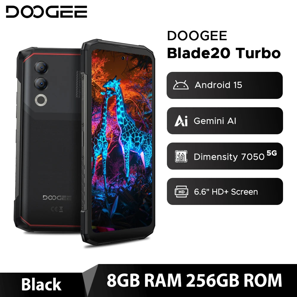 DOOGEE Blade20 Turbo 5G Rugged Phone Gemini Al 6.6'' Screen 10300mAh Battery 8GB 256GB 50MP Camera Android 15 NFC Mobile Phone