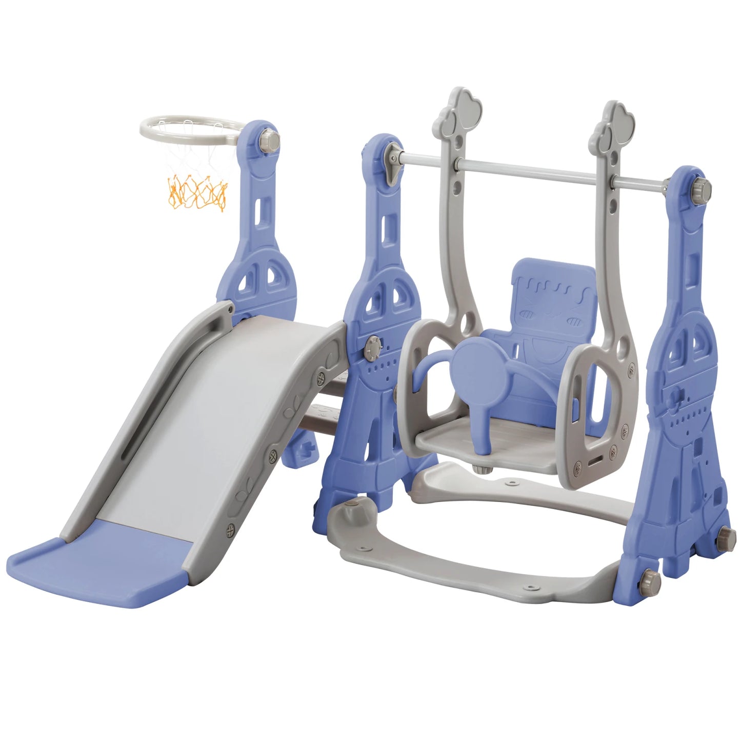 Anajqaqia 4-in-1 Toddler Playground Set, Kids Slide, Swing, Climbing Ladder and Basketball Hoop, Indoor Outdoor Play Center, Adjustable Swing, Blue