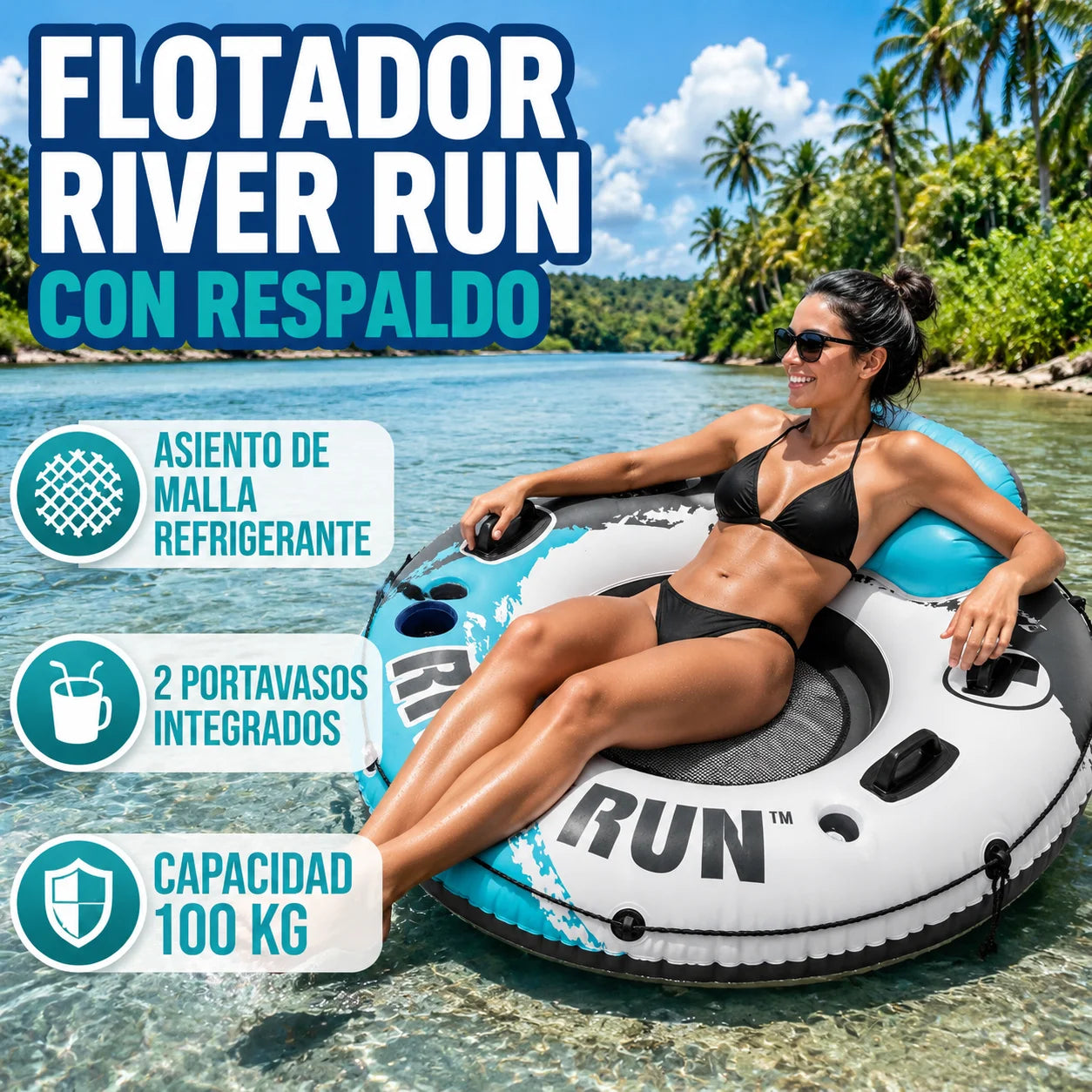 River Run Inflatable Floating Tube 135cm, Reinforced Anti-Puncture Pvc, Mesh Seat, Ergonomic Backrest, Two Cup Holders, Handles and Tie-Down Rope, 100kg Capacity, Safe and Comfortable for Rivers, Lakes, Swimming Pools and Sum