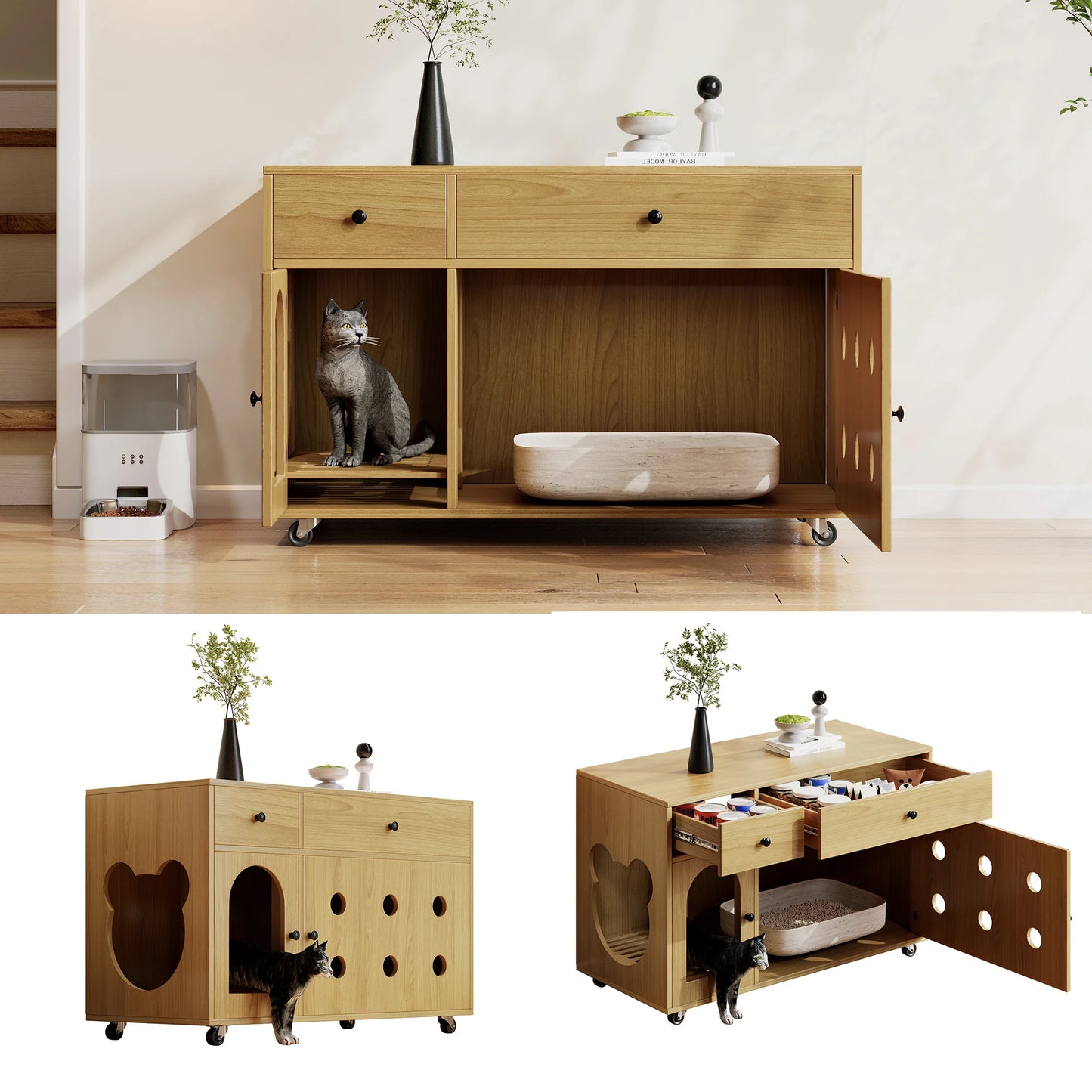 Wooden cat litter box cabinet/cat bed with drawers and wheels, multi-functional cat house furniture/portable cat toilet/storage cabinet, effectively controls odors, suitable for indoor cat house decoration.