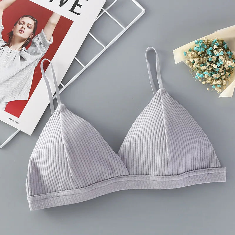 Women Cotton Push-Up Bra Ribbed Triangle Cup Bralette Wire-Free Bras Ladies Sexy Lingerie Simple Low Back Single Hook Underwear