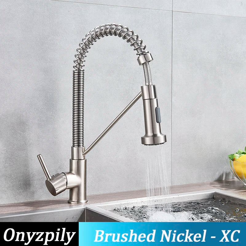 Spring Brushed Kitchen Sink Faucet Pull Down Sprayer Nozzle Single Handle Faucets Mixer Hot Cold Stainless Steel Modern
