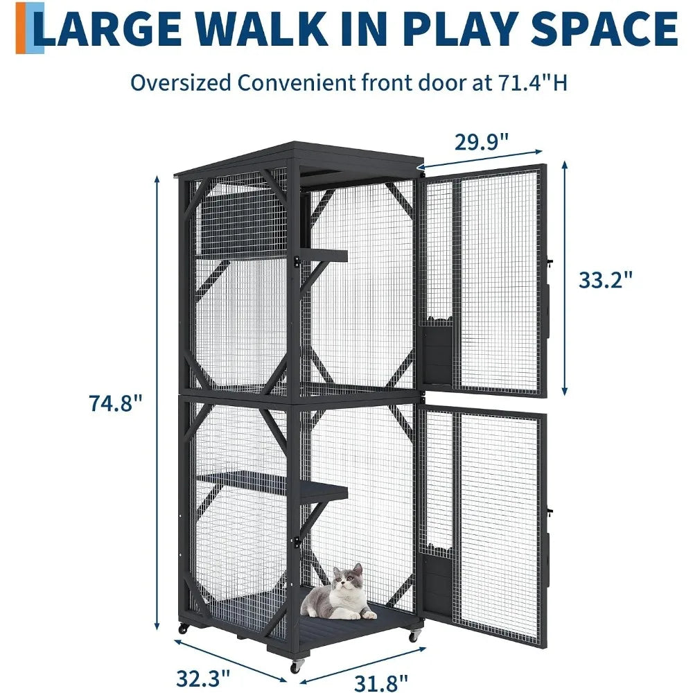 Garvee Black Walk-In Large Wooden Outdoor Catio Enclosure with 4 Lockable Rolling Wheels, Weatherproof Patio Cat House with Independent Rest Box, Spacious Garden Yard Cat Kennel for Multiple Cats