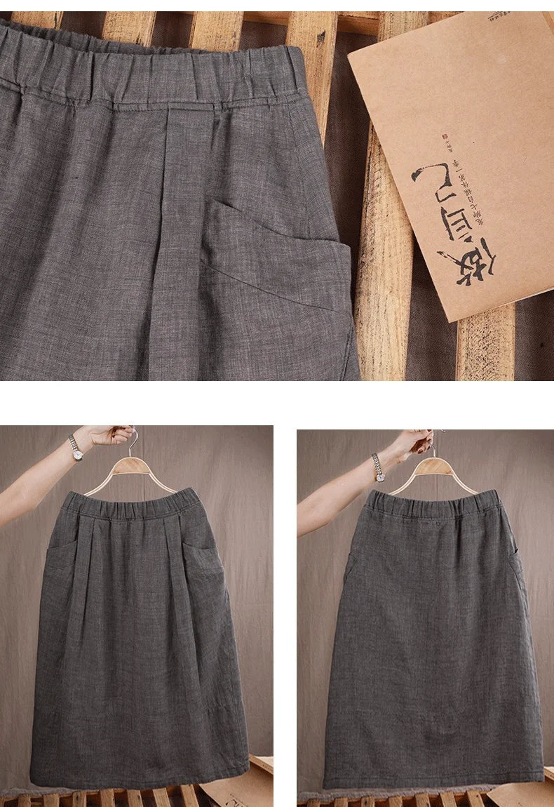 New Cotton and Hemp Half Length Skirt for Women in Summer, A-line Medium Length Skirt, High Waist, Loose Elastic Waist Skirt