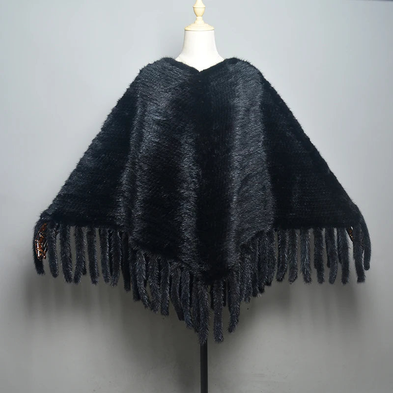 Fashion Women Fur Shawl Winter Knitted Real Mink Fur Stole With Fur Hood Knitted Mink Poncho Pashmina