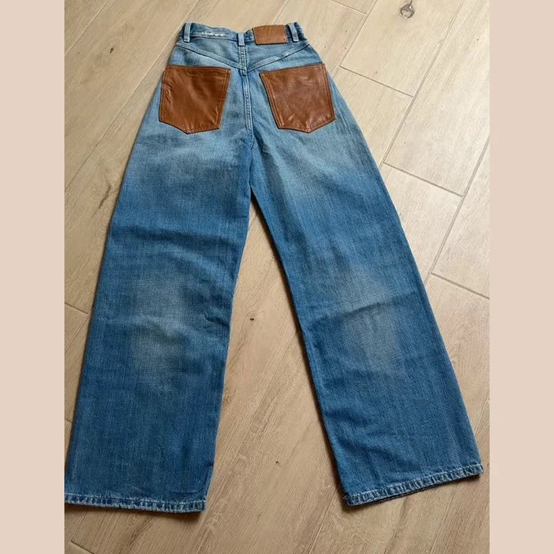 Female Vintage Leather Pocket Jeans Women Blue Zipper Straight Loose Trousers Lady New Fashion Daily Casual Spring Pants 2026