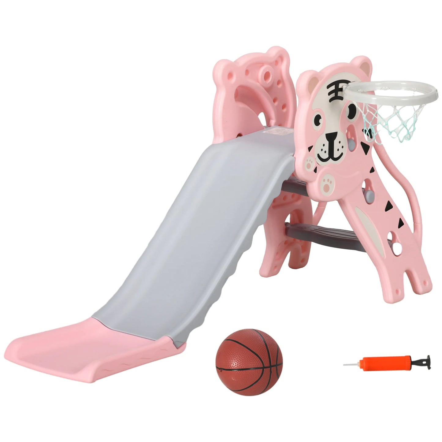 Children’s slide, indoor children’s slide, with a basketball hoop, tiger theme, for 18 to 36 months, pink