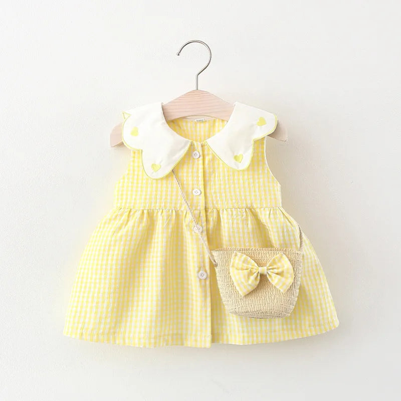Baby Girl Plaid Dress Summer New Sweet And Beautiful Children'S Clothing+Bow Bag (9 Months -3 Years Old)
