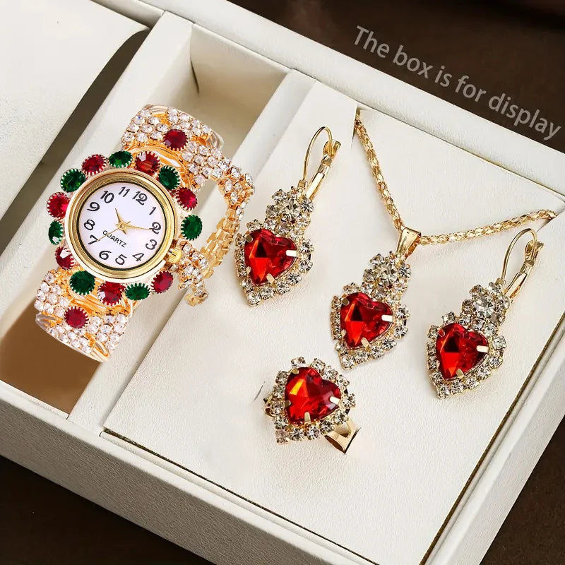 5PCS Luxury Rhinestone Women Watches Jewelry Set Fashion Adjustable Bangle Ladies Quartz Wristwatch Reloj Mujer(Without Box)