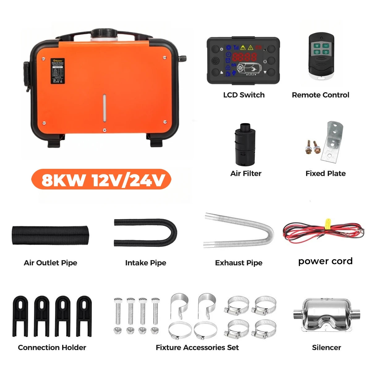 Sunster Diesel Air Heater 8KW 12V 24V Sound Dampeners LCD Switch Car Parking Heater For Car Trailer Truck Diesel Parking Heater