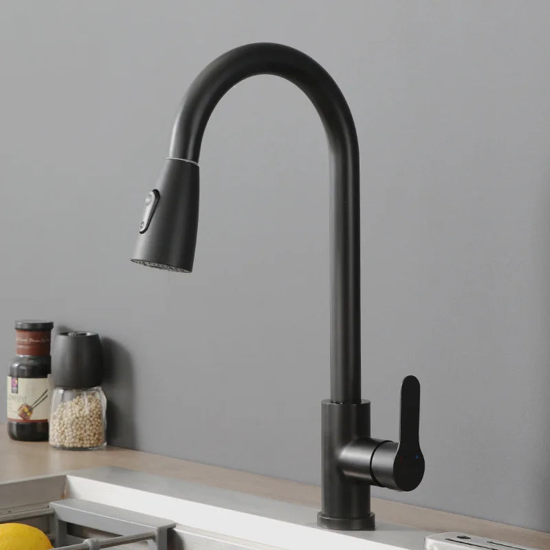 304 Stainless Steel Pull out Kitchen Faucet Deck Mounted Sink Water Tap with Mixer Stream Sprayer Head Hot Cold Taps for Kitchen