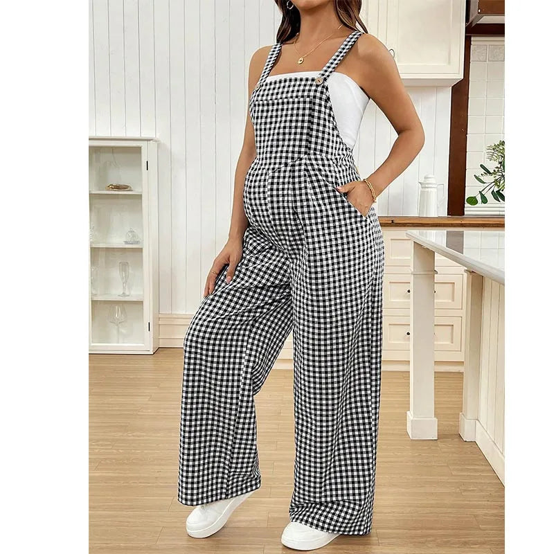 Maternity Overalls Spring/Summer Casual Checkered Jumpsuit Loose-Fit Maternity Overalls