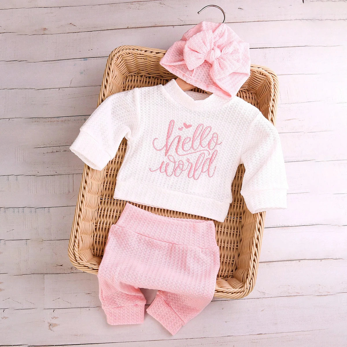"Hello" Embroidery Newborn Photography Props Infant Romper Jumpsuit with Bow Hat Baby Coming Home Outfit Baby Photo Gift-HD
