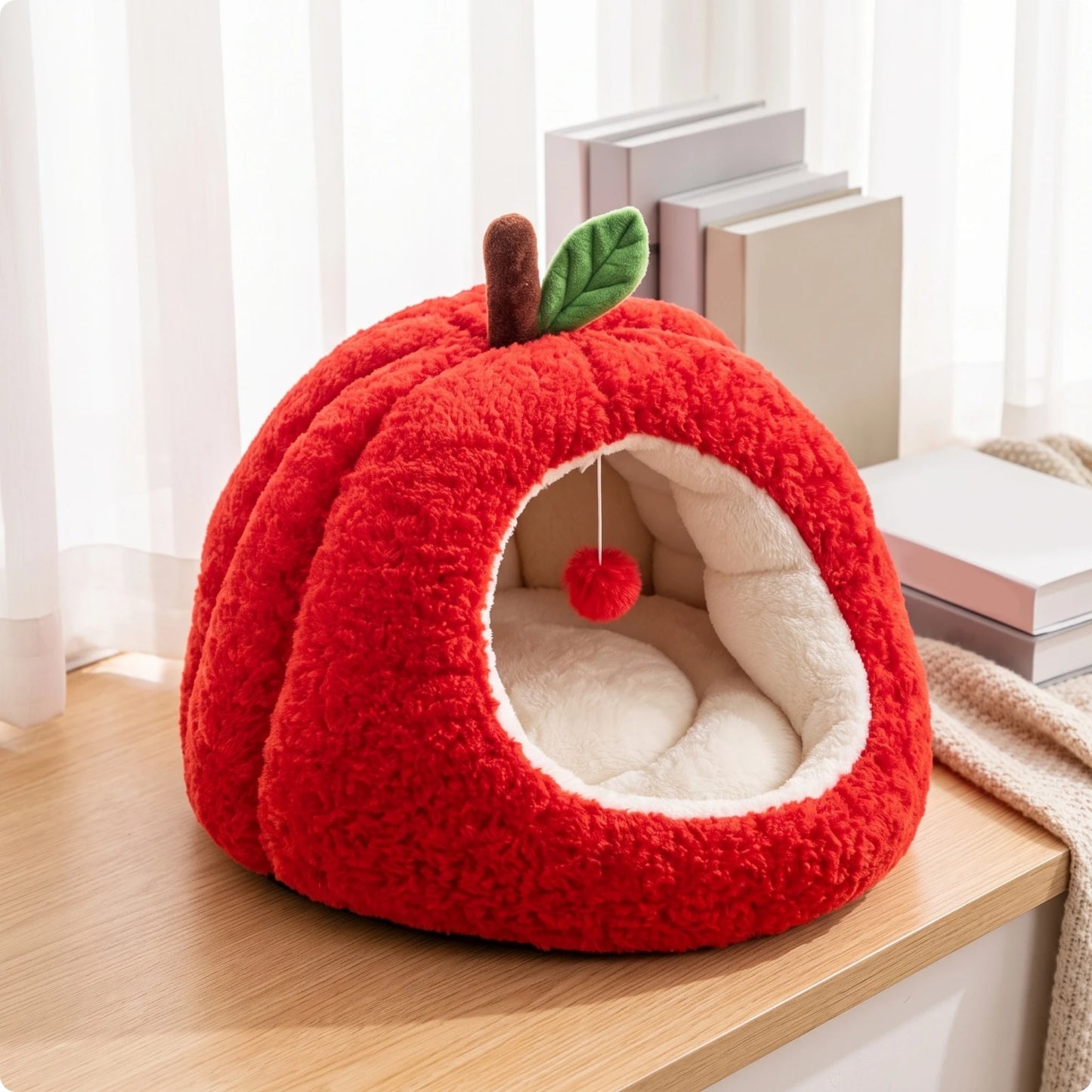 Apple-Shaped Pet Bed Cozy Enclosed Pet Bed with Removable Cushion Hideaway Cat House Warm Cat House with Cushion Soft for Cats