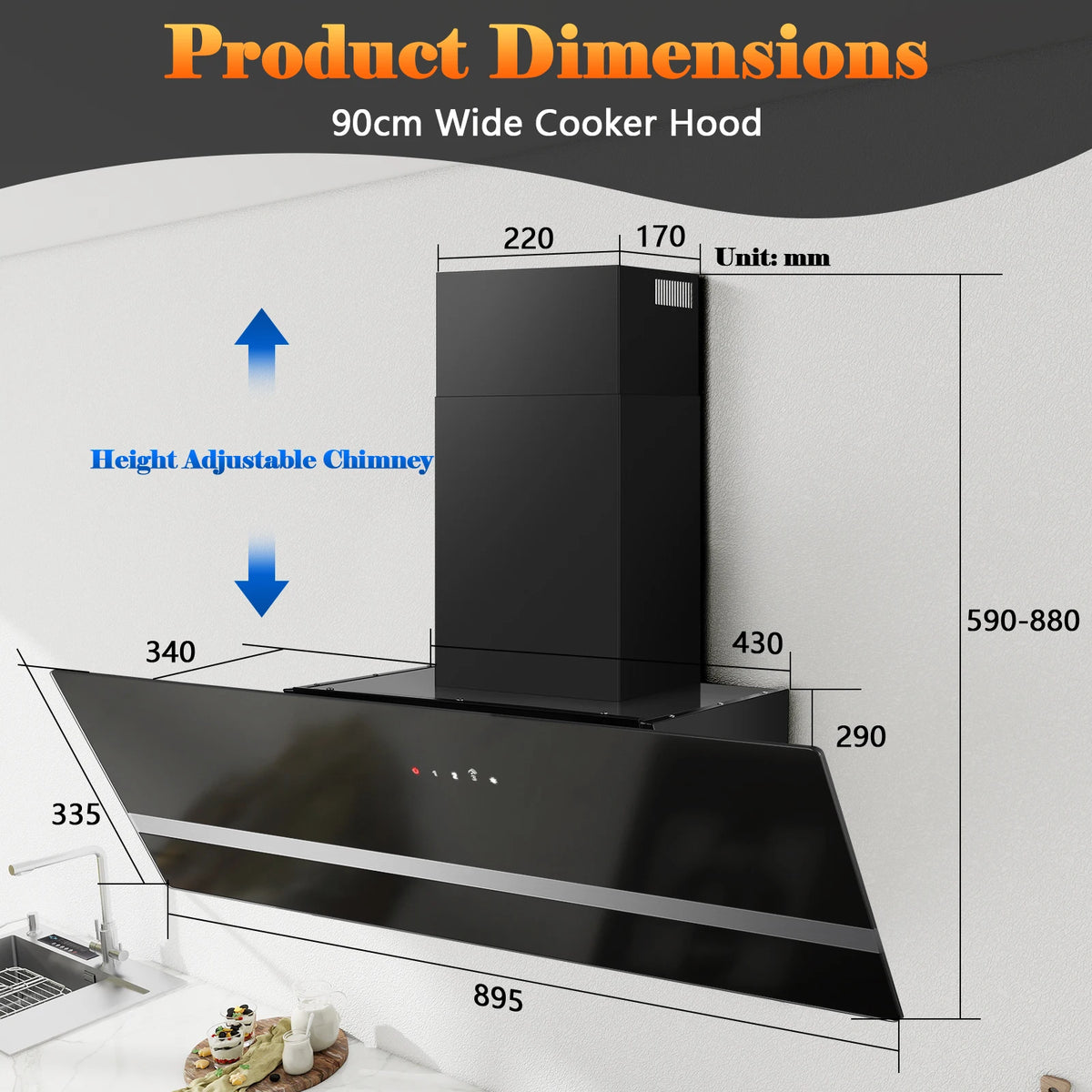 90cm Wall Hood, A+++ Energy Class, 400 m³/h, Touch Control, LED Light, Black Stainless Steel/Glass, Quiet 58 dB