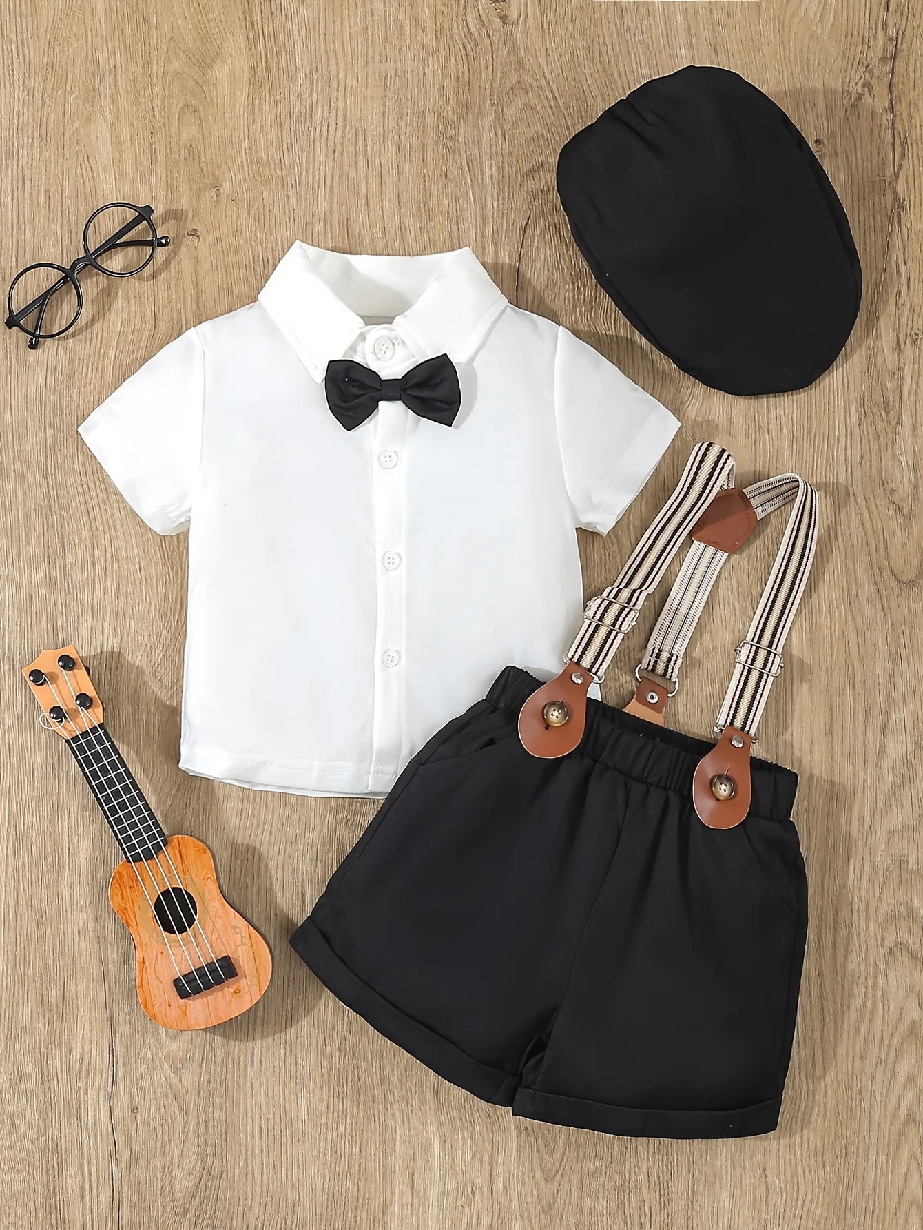 3-Piece Summer Thin Gentleman Dress Suit for Infants and Boys, Short-Sleeved Shirt with Bow + Casual Suspender Shorts + Gentleman Hat, Suitable for Birthday Parties, Party, Performance, Weddings, Full Moon, Washing Ceremony,