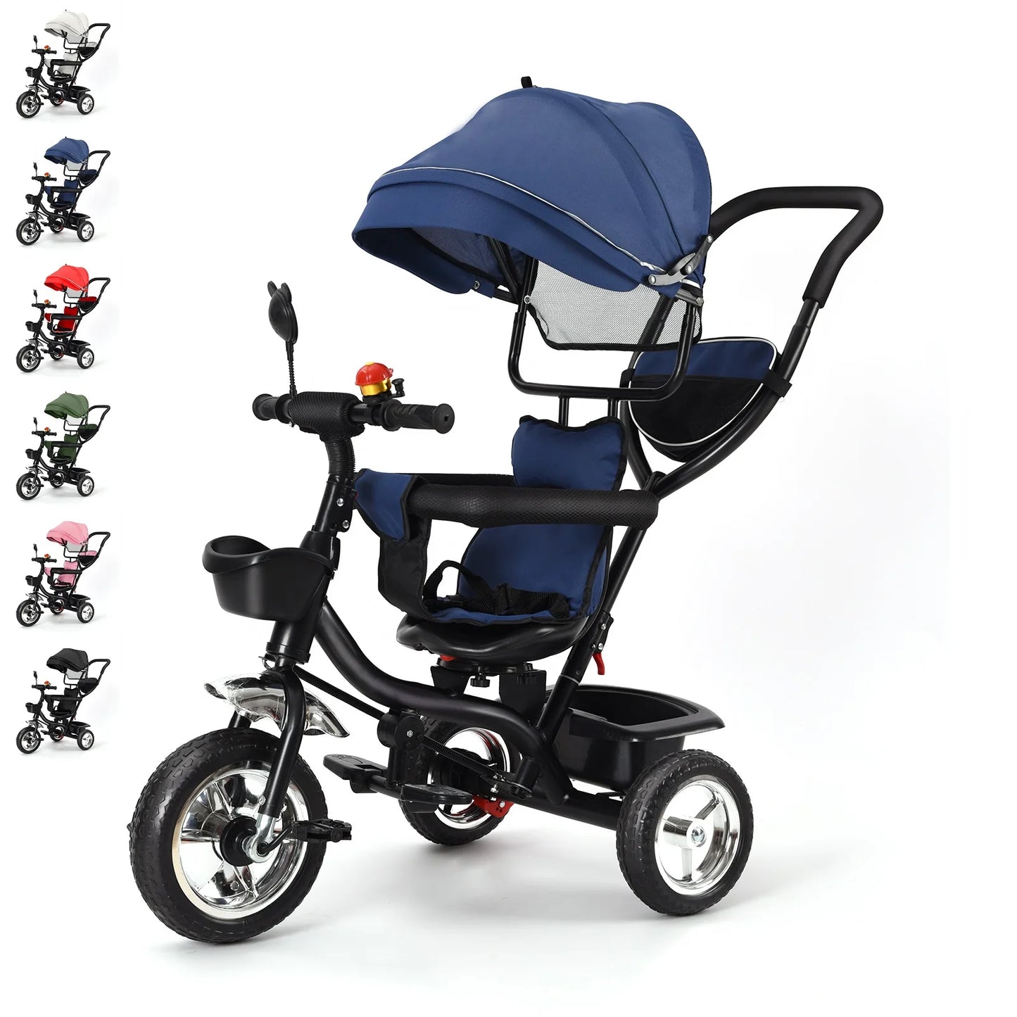 Baby scalable Tricycle 1 to 5 years, bike for elderly plus children, reversible seat, large basket and bag, larger wheels, with thrust handle, green/pink/black/red/blue/gray