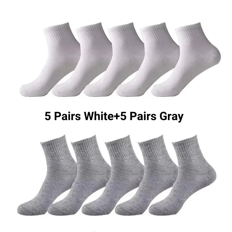 10 Pairs Men‘s Solid Color Mid-Calf Socks Breathable Comfort Sports Casual Work Socks White Black All Seasons EU 37-44 US 6-12