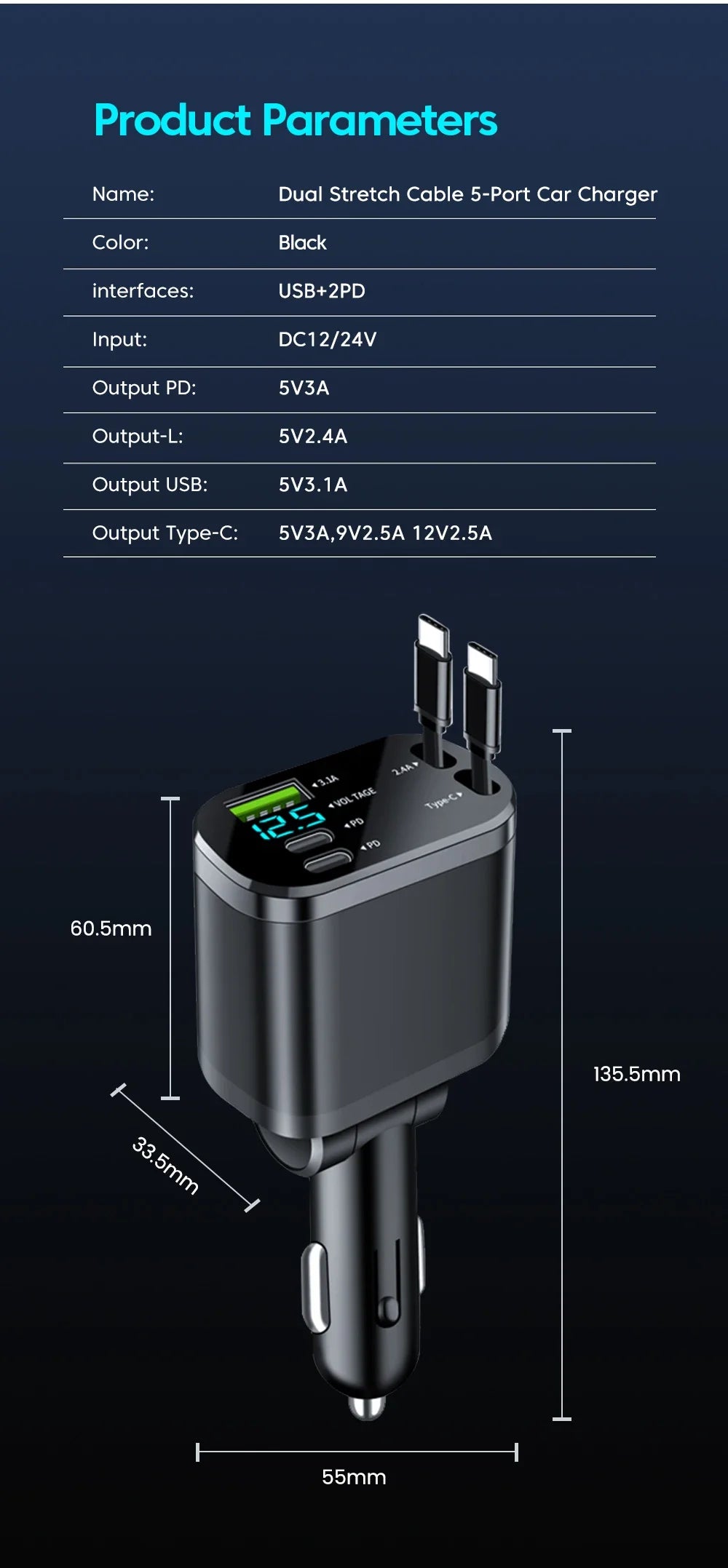 5 in 1 150W Car Charger Voltage Display PD30W Super Fast Charging 22.5W With Retractable Cable For IPhone Xiaomi Samsung