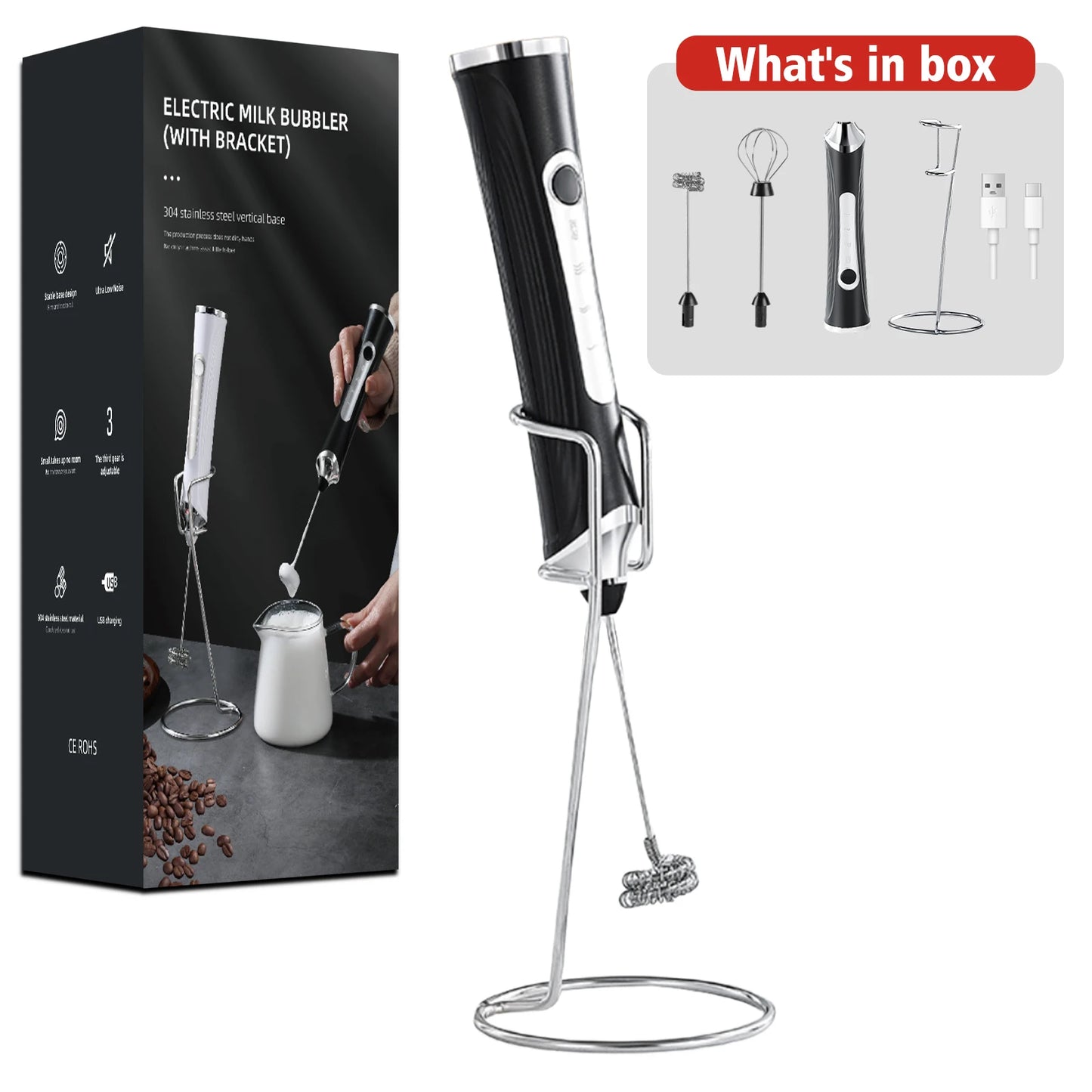 Milk Frother Rechargeable Handheld 3 Speed With Stand Electric Foam Maker, Drink Mixer Cappuccino Matcha Housewarming Gift Idea