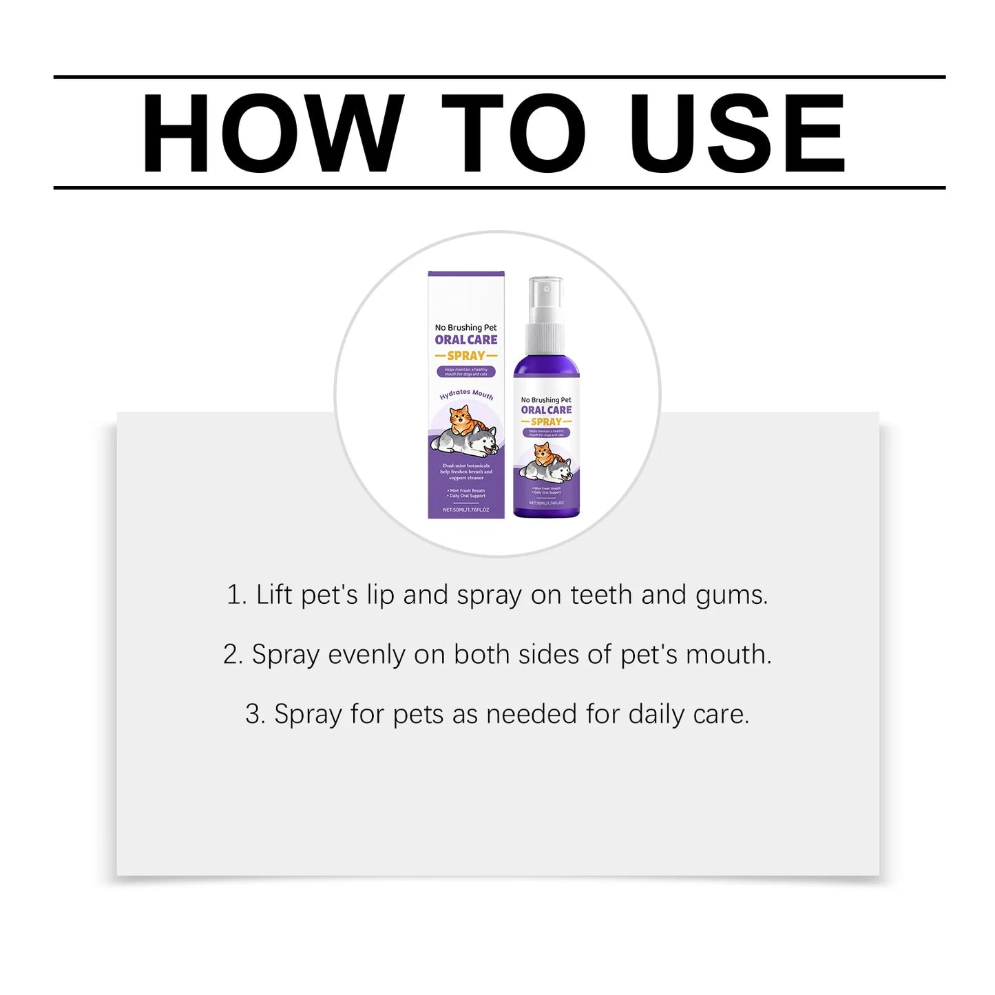 Pet Oral Care Spray Teeth Cleaning Remove Plaque Tartar Eliminate Bad Breath Dental Dirt Protect Gum Health for Cats Dogs 50ml
