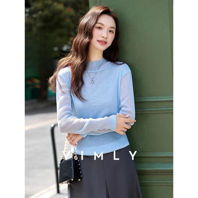 VIMLY Woman Knitting Sweater Slim Autumn 2026 Casual Female Long Sleeve Sweater Stand Neck Strecth Pullover Ladies Tops A2528