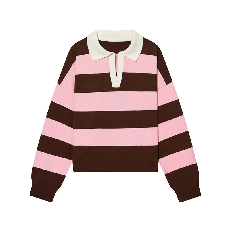 Sweater knitted Pullover Women's Spring 2026 New Fashion Striped Loose Polo neck Warm Women Sweater Chic Youth Holiday Pullover