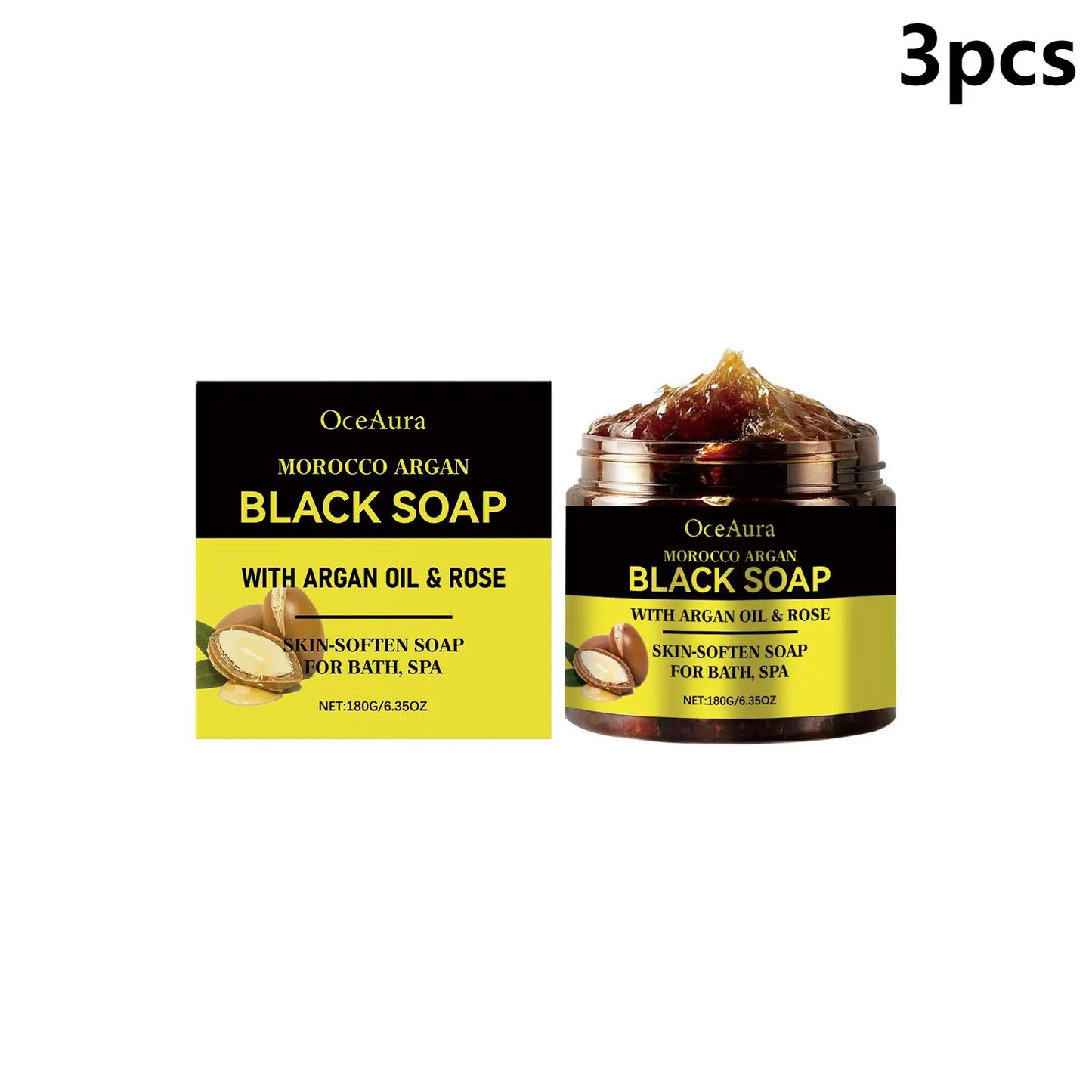 OceAura Black Soap Morocco Argan Oil Exfoliating Body Smooth Soft Professional Skin Cleaning Spa Rose Flower Oil Bath Soap 180g
