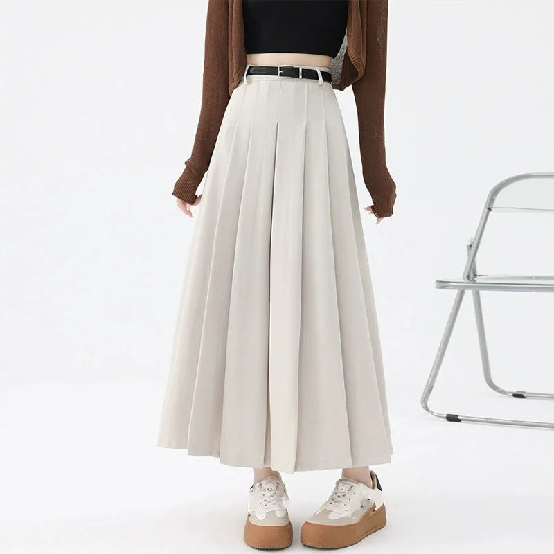 2026 New Women's Pleated Maxi Skirts Autumn High Waisted Zipper Jk Long Skirt Woman Elegant Loose Design Big Swing A-Line Skirts