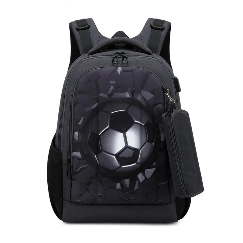Boys Black Football Backpacks Hard Shell Orthopedic Middle School Student Book Bags USB Charge Multifunctional Bagpack