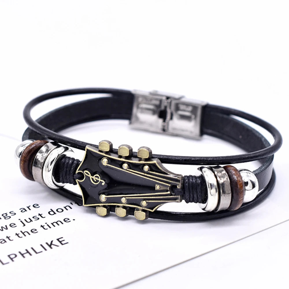 Retro Faux Leather Guitar Bracelet, Punk Rock Music Guitar Genuine Leather Bracelet, Handmade Braided Multi-Layer Wrap Bracelet