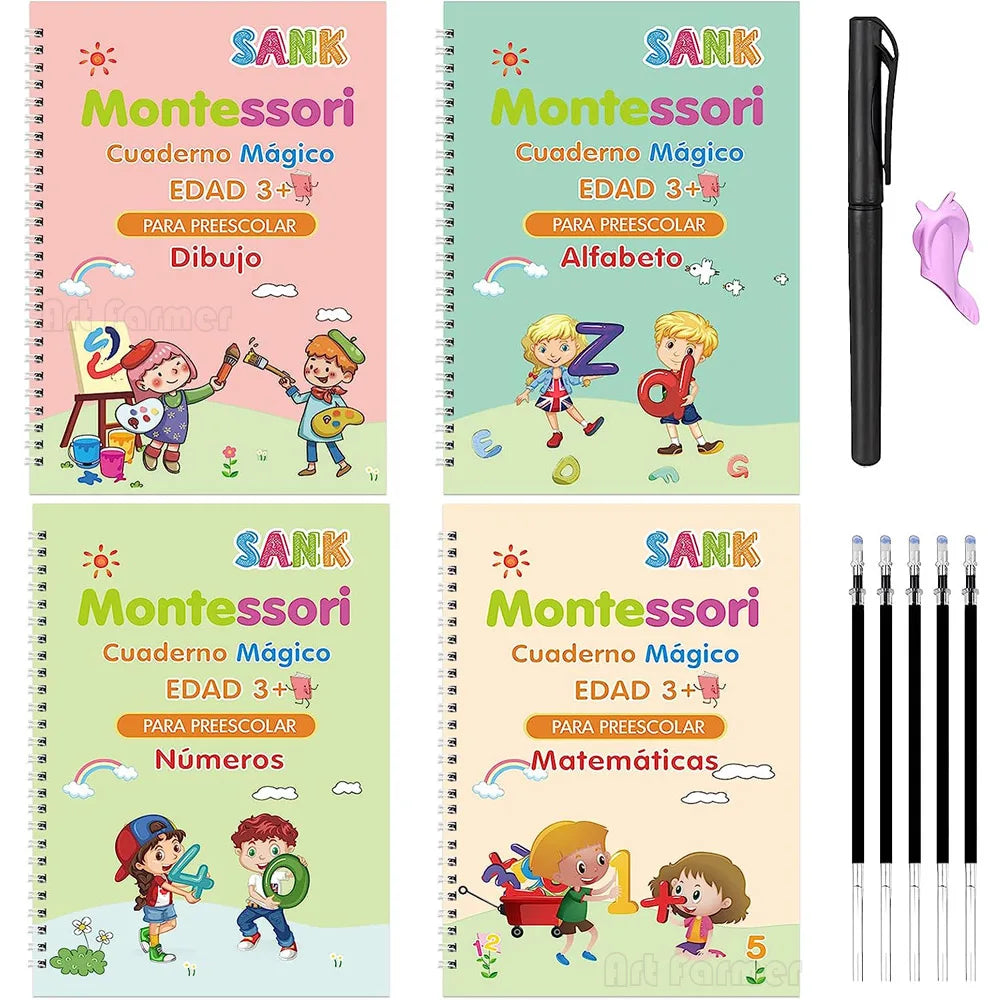 4 Books Spanish Montessori Magic Practice Copybook Set Reusable Handwriting Tracing Workbook Alphabet Number Math Drawing
