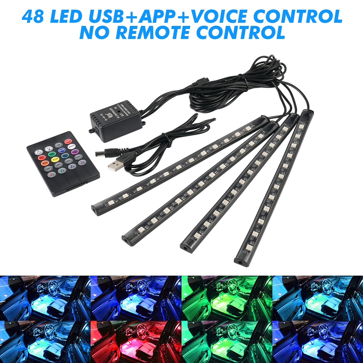 48 72 LED RGB Car Foot Light & Underglow Neon Lamp, Music Sync Interior Ambient Light with Remote Control, USB & 12V Dual Power Plug, Multi-Colour Atmosphere Decorative Lighting for Universal Auto Interior Exterior Decoration