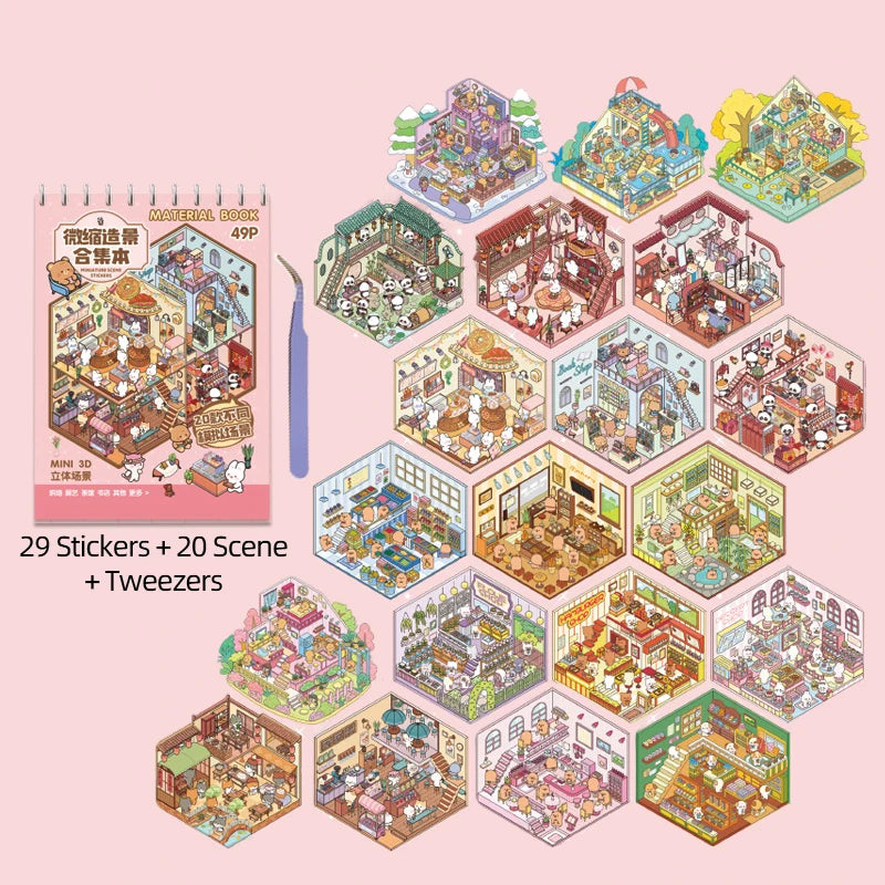 3D Diorama Sticker Book 20 Pages Mini Scene Cute Cartoon Animal Ghosts Theme DIY Scrapbook Toy Fun Stress Relief Kids Adult Gift