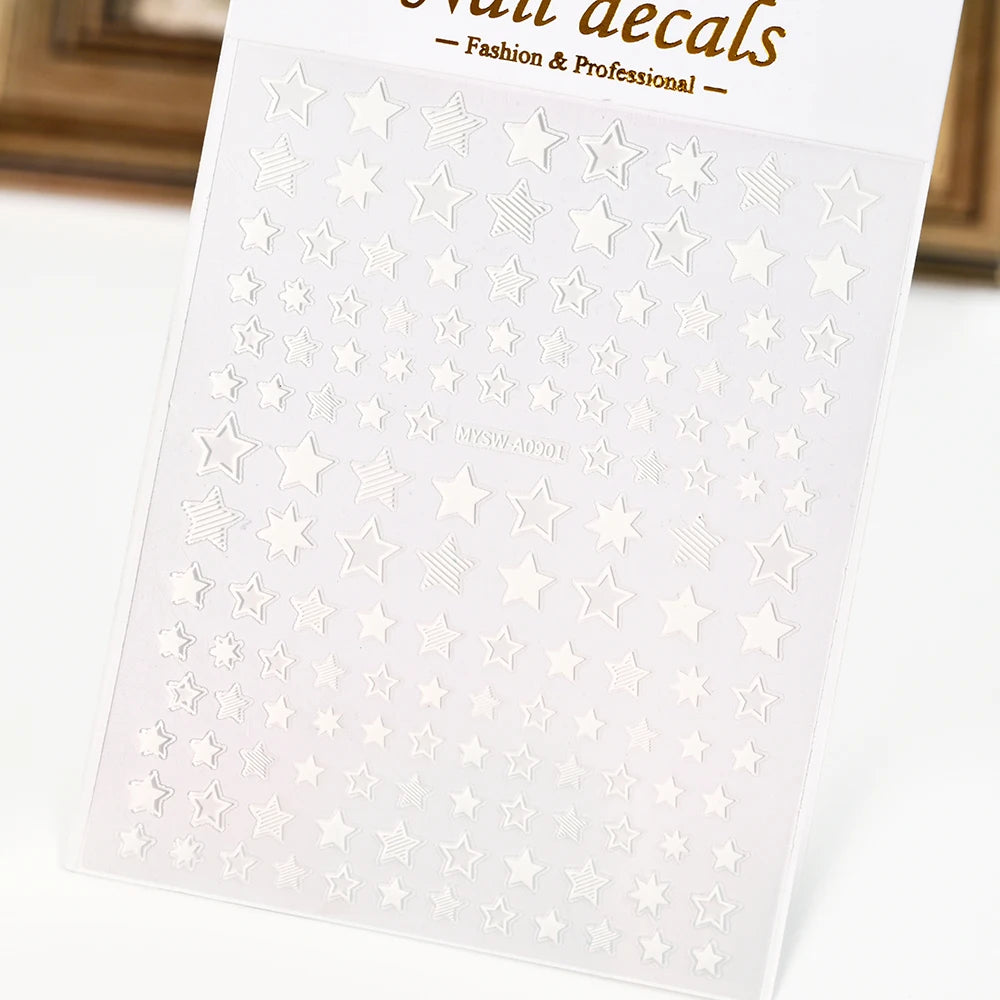 Black White Star 3D Nail Art Sticker Y2K Pentagram Self-Adhesive Decals Laser Shiny Glitters Starlight Manicure Ornaments Slider