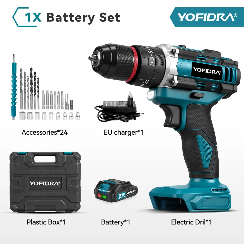 YOFIDRA 3 IN 1 25+3 Torque Electric Impact Drill Handheld Cordless Impact Drill Woodworking Power Tool For Makita Battery Pin