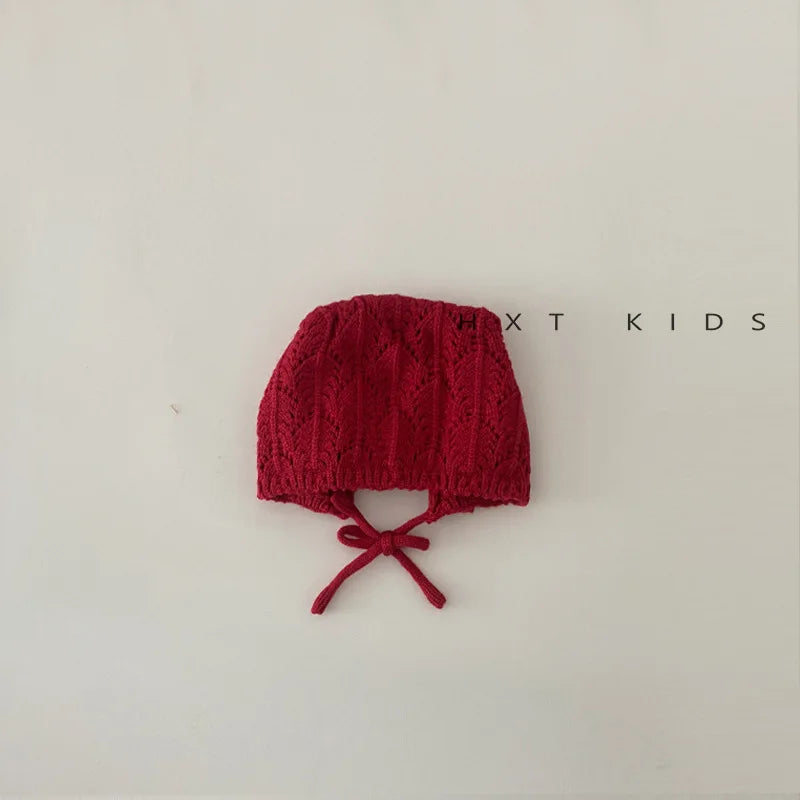 Fashion Retro Hollow Children Knitted Hats Handmade Crochet Flower Girls Parent-child Outdoor Cotton Hat 2024 Autumn Winter Caps