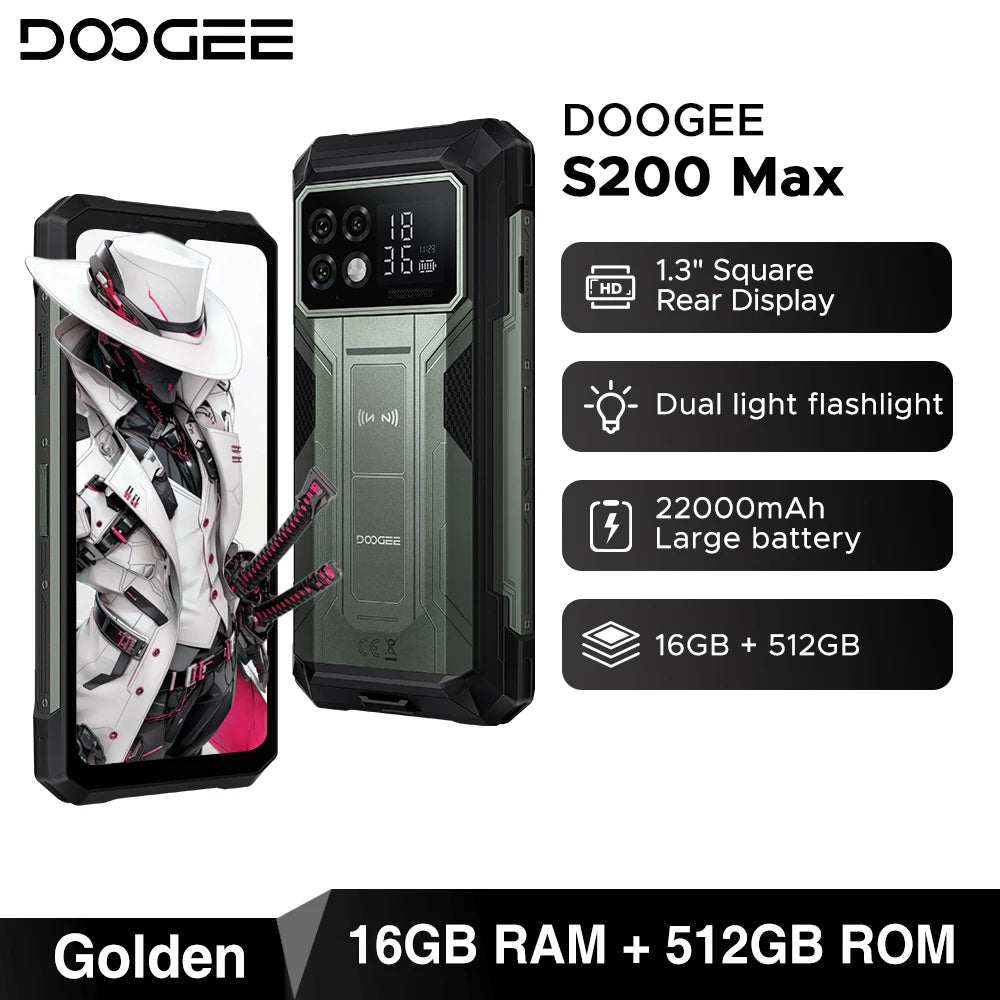 DOOGEE S200 Max 5G Rugged Phone 1.32" Rear Display Dual light Flashlight 22000mAh Battery 66W 6.72” 120Hz 16GB 512GB Smartphone