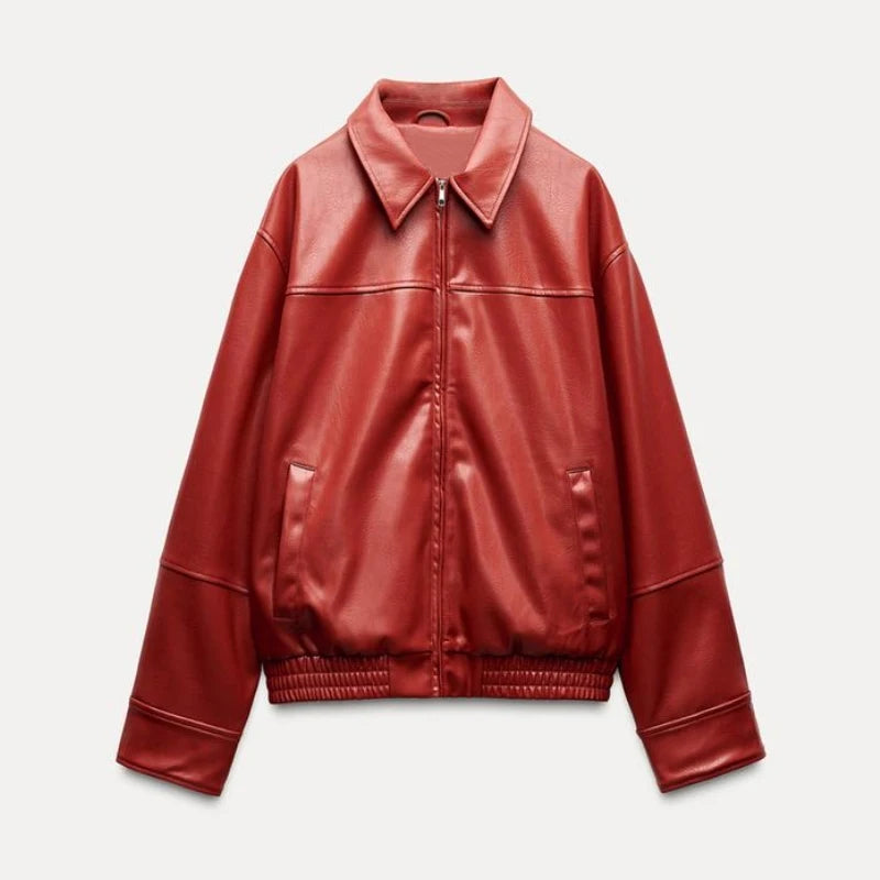 Street Women's Belt Leather Jackets Loose Lapel Zipper Long Sleeve Pockets Female Coats 2026 Autumn Lady Fashion Y2k Outwear